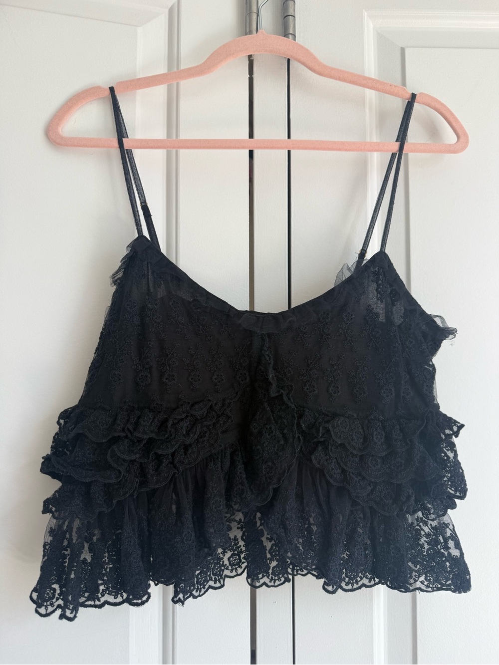 LoveShackFancy Black Lace Ruffle Crop Top